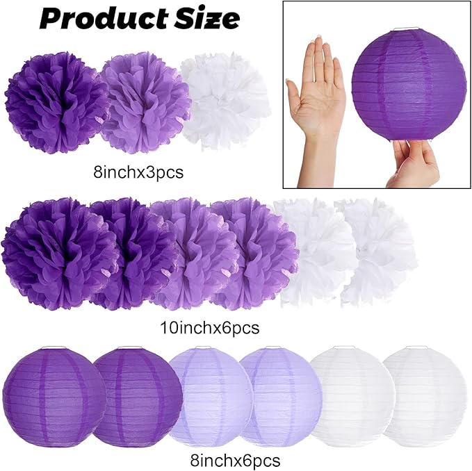 Paper Flower Lanterns Tissue Pom Poms Hanging Decorations Purple Flower Ball for Baby Shower Wedding Birthday Graduation Party Mother's Day