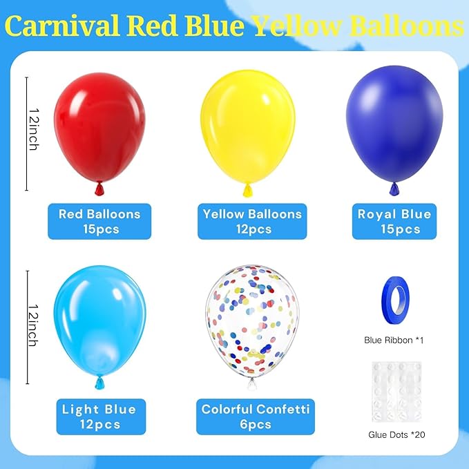 BAUANOOY Carnival Balloons, 60pcs 12 Inch Red Light Blue Royal Blue Yellow Latex Balloons for Carnival Theme Birthday Party Decorations