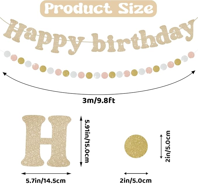 Champagne Gold Happy Birthday Banner, Pre-Strung Happy Birthday Sign, Glitter Birthday Party Supplies with Circle for Party Door Wall Mantle Hanging Sign Backdrop Decorations