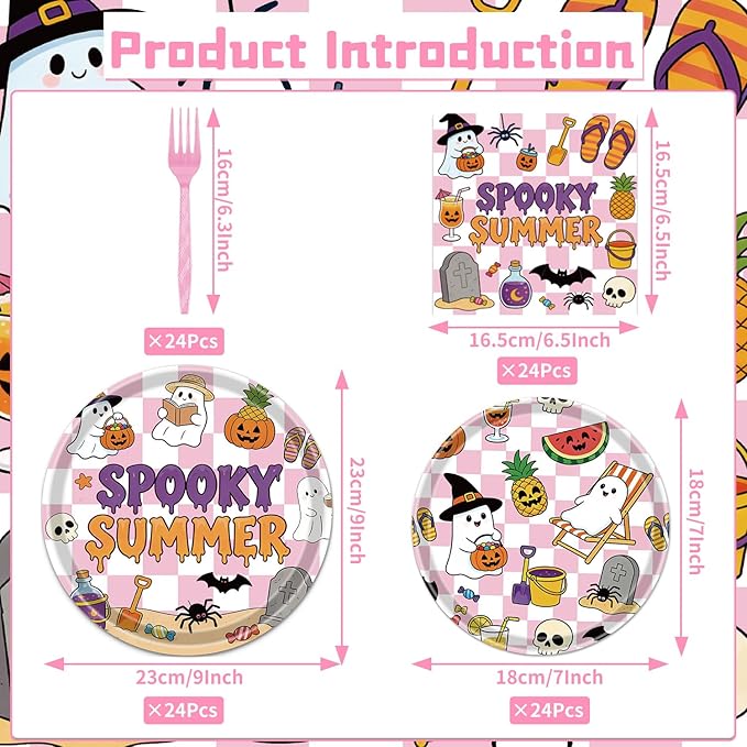 Gameza Summer Halloween Party Decorations - 96PCS Happy Summer Halloween Party Plates Napkins and Forks Disposable Tableware Set, Ghost Spooky Ween Vibes Holiday Party Supplies Decor, Serve 24