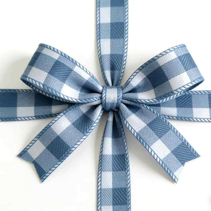 Meseey 7/8 Inch Blue and White Plaid Wired Ribbon, 10 Yards Patriotic Check Wired Edge Ribbon for Gift Wrapping, Crafts, Wreaths, Bouquets, Holiday & Home Decor