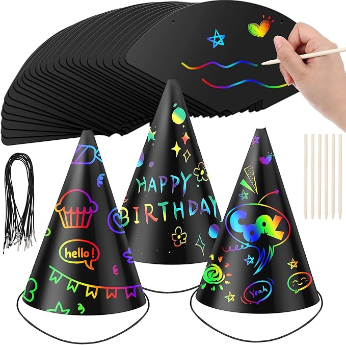 Lewtemi Scratch Party Hats DIY Birthday Art Cone Scratch Hats Colorful Party Craft Paper Hat Decorating Supplies