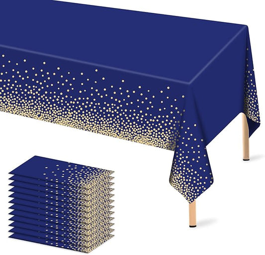 12 Pcs Navy Blue Plastic Tablecloth Gold Dot Blue Table Cloth, 54×108 inches Disposable Gold Dot Confetti Dark Blue Table Cover for Anniversary, Friendsgiving, Fine Dining, Graduation Party Decoration