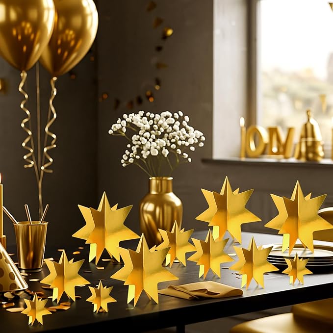 AmazingSpark 9 Pcs Large Star Centerpieces 3D Gold Star Table Decorations in 3 Sizes 10" 8" 6" for Birthday Party Baby Shower Gathering Carnival Ceremony Graduation Movie Night Supplies (Gold)