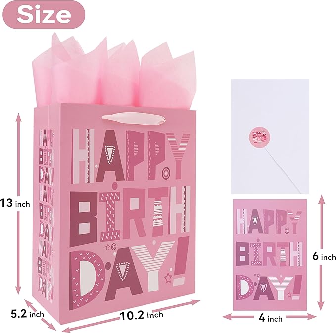 wishinside 13'' Large Happy Birthday Gift Bag Set with Handles, Greeting Card, Pink Tissue Papers and Stickers for Women Girls Kids Teens, Cartoon Design, 1 Pcs