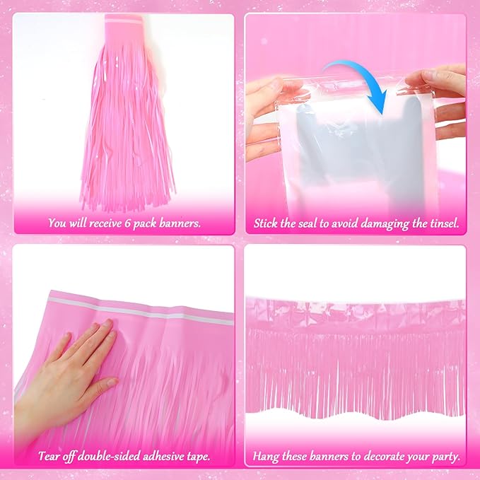 LOLStar 6 Pack Macaron Pink Tinsel Foil Fringe Garland Birthday Party Decorations, 59Ft Tinsel Streamers Banner, Hanging Tinsel Fringe Banners for Wedding Gender Reveal Bachelorette Party Decor