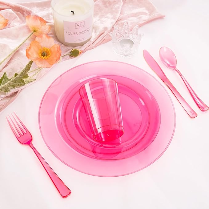 WDF 180 Pieces Pink Plastic Silverware Disposable - Clear Pink Cutlery Sets 60 Forks, 60 Knives and 60 Spoons - Heavy Duty Disposable Utensils for Wedding, Party