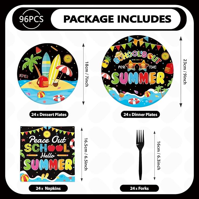 96 Pcs School's Out for The Summer Decorations Peace Out School Hello Summer Plates and Napkins End Of The School Year Tableware Set for Kids Class Of 2026 Preschool Graduation Party Supplies Serve 24