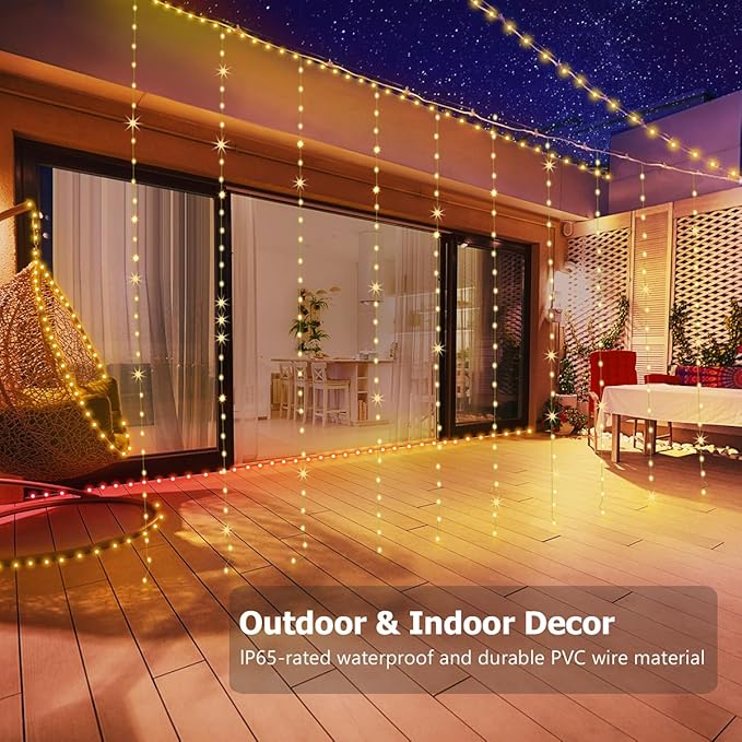 Curtain Lights 8ft x 6ft, 144 LED Twinkle Fairy String Lights Curtain with Remote & Timer, IP65 Waterproof, USB Powered for Indoor Outdoor Wall Bedroom Backdrop Christmas Decor - Warm White