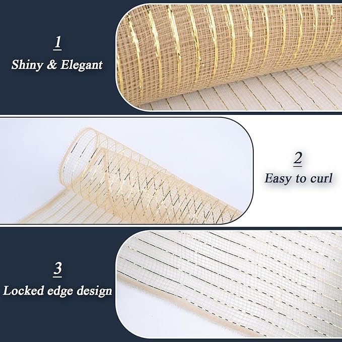 2 Pcs Champagne Gold Deco Mesh Ribbon Rolls 10 Inch 10 Yards(30 ft) Decorative Mesh Fabric with Foil for Wreaths Christmas Tree Ribbon Door DIY Craft Halloween Decor Wedding Party Supplies, Champagne