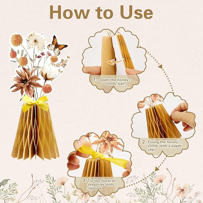 SUNBEAUTY Boho Flower Table Decoration 9Pcs Brown Floral Honeycomb Centerpieces Natural Party Decorations Paper Flower Table Decor for Home Rustic Wedding Baby Shower Neutral Birthday Party Supplies