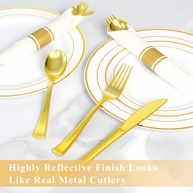 20 Pack Pre Rolled Gold Plastic Silverware Set,Wrapped Plastic Cutlery Set with Napkin Include 20 Forks,20 Spoons,20 Knives and 20 White Napkins for Party,Wedding,Birthday