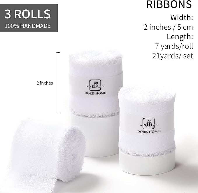 DORIS HOME White Chiffon Ribbon for Flower Bouquet, 2" x21Yd Fabric Ribbon for Gift Wrapping, Handmade Frayed Ribbon for Wedding/Christmas Decorations