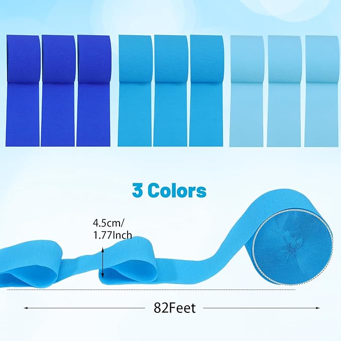 Blue Crepe Paper Streamers 9 Rolls 738ft, Blue Streamers Party Decorations for Party Baby Shower Gender Reveal Birthday Wedding Graduation Decor,1.77 Inch x 82 Ft/Roll