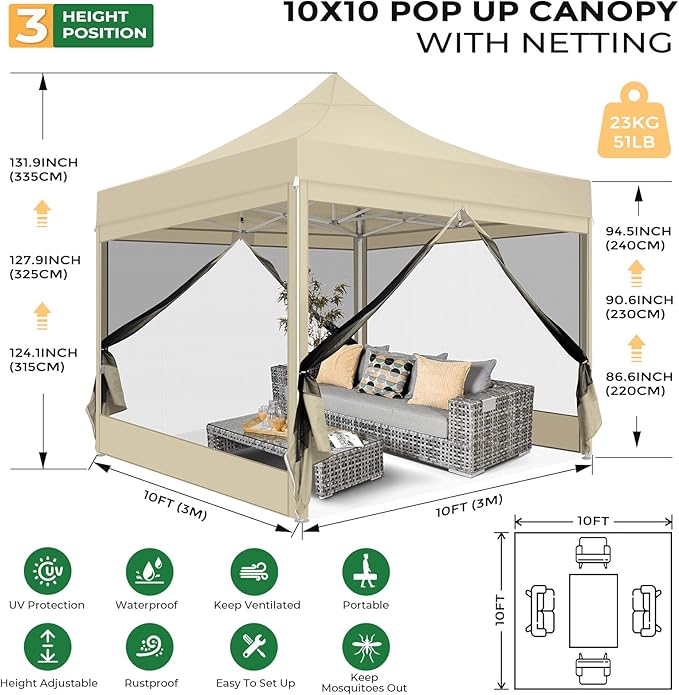 COBIZI 10x10 Heavy Duty Pop Up Canopy Tent with 4 Sidewalls, Easy Set Up Outdoor Waterproof Screen Commercial Party Tent with Mosquito Netting for Parties Backyard Patio, Carry Bag, Khaki