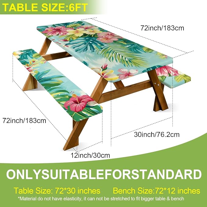 ANNA QUEEN Summer Flowers Picnic Table Cover 6FT with Bench Covers Picnic Table Cover Set 3PCS 72"x30", Outdoor Bench and Tablecloth Furniture Protection