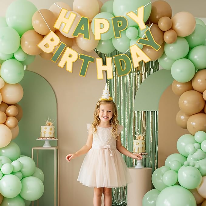 Happy Birthday Banner - 9ft Pre-Strung Happy Birthday Sign for Women, Men, Girls, Boys - No DIY Birthday Decorations & Party Supplies(Brown Green)