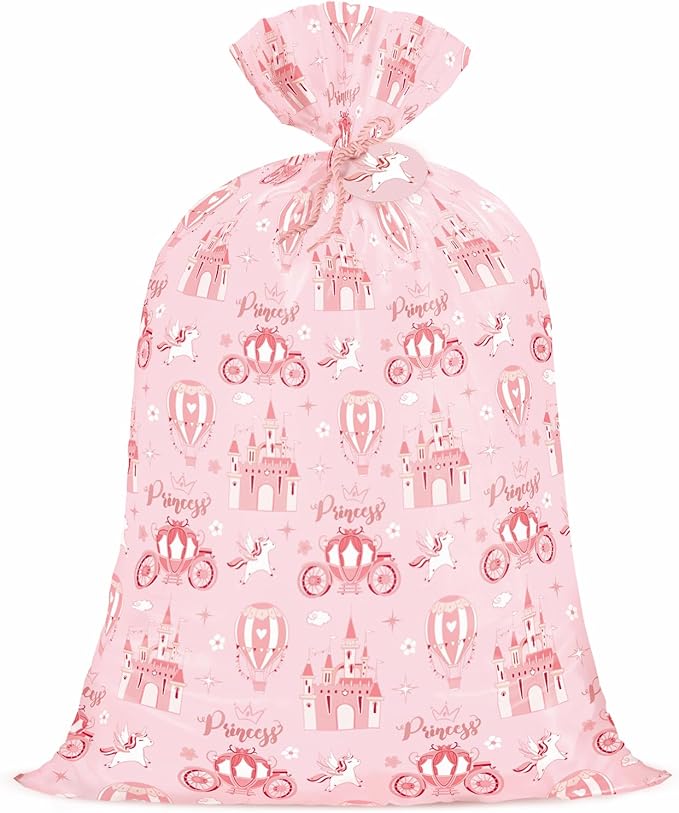 WRAPAHOLIC 56" Extra Large Princess Plastic Gift Bag - Princess Castle Design Pink Jumbo Bike Bag Gift Wrap for Kids Girls Birthday and Baby Girl Shower - 56" H x 36" W