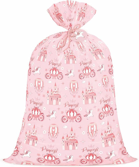 WRAPAHOLIC 56" Extra Large Princess Plastic Gift Bag - Princess Castle Design Pink Jumbo Bike Bag Gift Wrap for Kids Girls Birthday and Baby Girl Shower - 56" H x 36" W