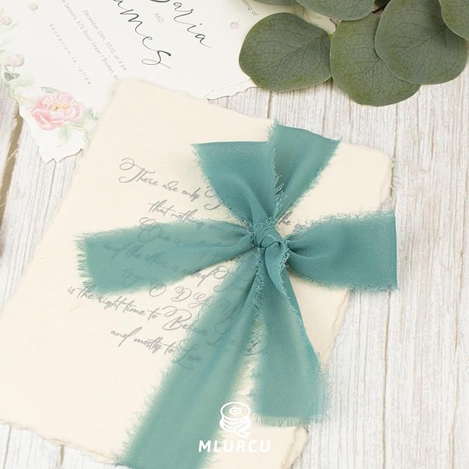 Nlie Blue Chiffon Ribbon - 1-1/2 Inch x 21 Yards, Handmade Fringe, Silk, Boho Frayed, Wedding Invitation, Bridal Flower Bouquets