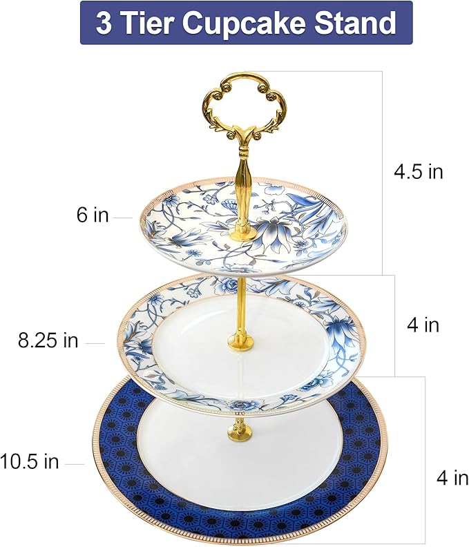 ACMLIFE Porcelain Cake Stand, White and Blue Bone Cupcake Stand, 3 Tier Wedding Cake Stand, Dessert Stand, Afternoon Tea Display Stand (Bone china 3)