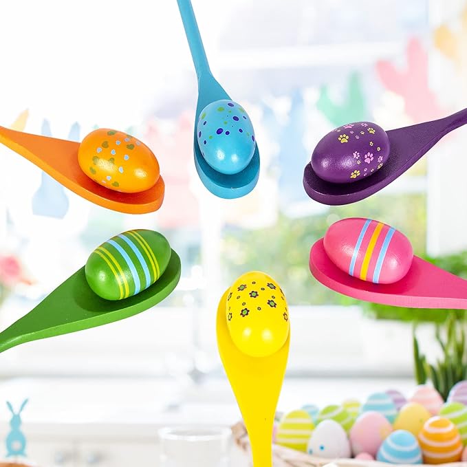 LYUBASA 12PCS Easter Egg and Spoon Race Game Set,6 Players, Easter Party Favor for Kids and Family Activity Lawn Games Party Supplies Outdoor Fun Games, Classroom Activities Easter Games