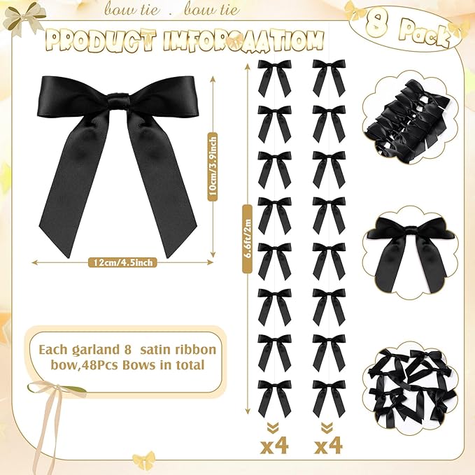 Taobary 8 Pcs 6.6 ft Bow Garland, Satin Ribbon Bow Banner Coquette Hanging Ornament for Photo Backdrop Birthday Party Wedding Bridal Baby Shower Wall Decorations(Black,1 Inch)