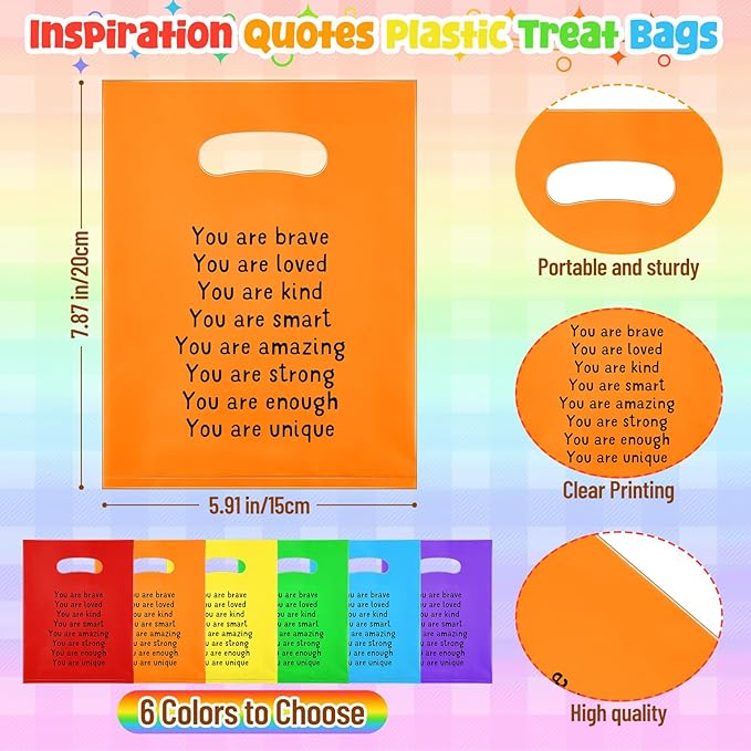 Coume 50 Sets End of Year Gifts Bags for Students 6 Colors Inspiration Quotes Plastic Party Favors Treat Bags with Handles Birthday Party Favors, 6" x 8"