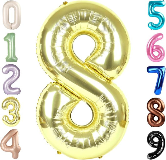 40 Inch Number 8 Balloon, Light Gold 8 18 28 80 Birthday Balloons for Men Boys, 8th Birthday Decorations Party Supplies, Wedding, Graduations