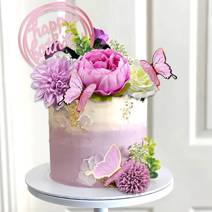 14 PCS Butterfly Cake Toppers Happy Birthday Cake Decorations with Artificial Purple Flowers Eucalyptus Butterflies for Girls Birthday Party Wedding Baby Shower Supplies (Purple)