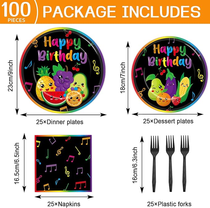 100Pcs Dancing Fruit Party Decorations Sensory Fruit Paper Plates and Napkins Dancing Fruits Themed Disposable Tableware Set for Summer Fruits 1st Birthday Baby Shower Party Supplies Serves 25