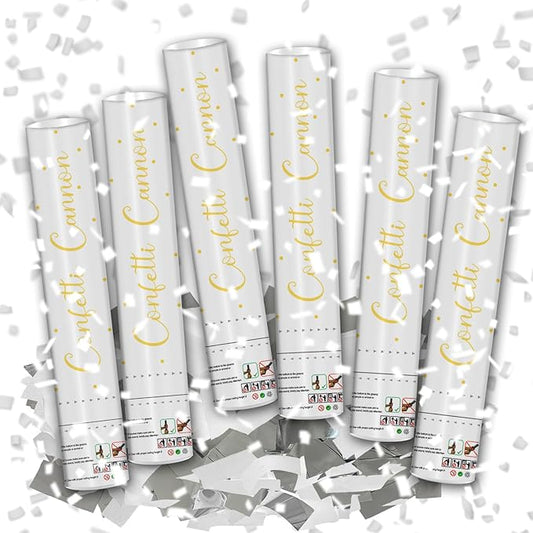12" Silver & White Confetti Cannons - Party Poppers for Birthday Graduation Retirement Wedding New Year Celebrations - Easy to Use - Pack of 6