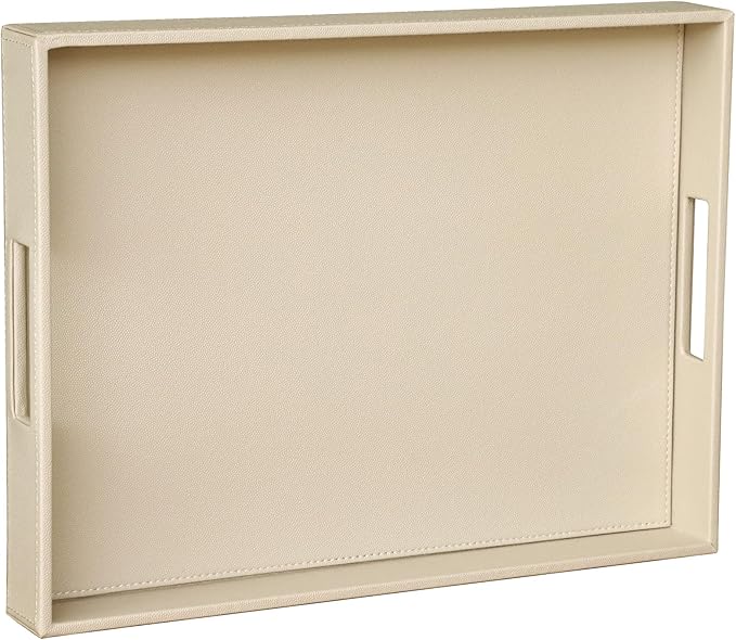 HofferRuffer Rectangle Serving Tray with Hole Handles for Coffee Table, Breakfast, Tea, Food, Butler - Countertop, Kitchen, Vanity Serve Tray, 16.2 x 12.2 x 2 inches, Faux Leather (Dark CreamWhite)