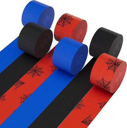 Black Red Blue Crepe Paper Streamers Party Decorations 6 Rolls 492ft Spider Crepe Paper Streamers for Spider Theme Party Baby Shower Graduation Wedding DIY Backdrop 1.8 Inch x 82 Ft/Roll
