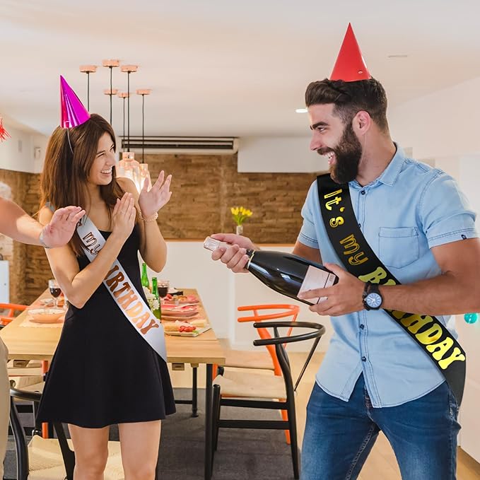 2 Pcs It's My Birthday Sash with Gold Foil - Happy Birthday Sash for Women Girls Men Boys, Birthday Girl Sash, Cheers to Bday Decorations Supplies(Black & White, Rose Gold)