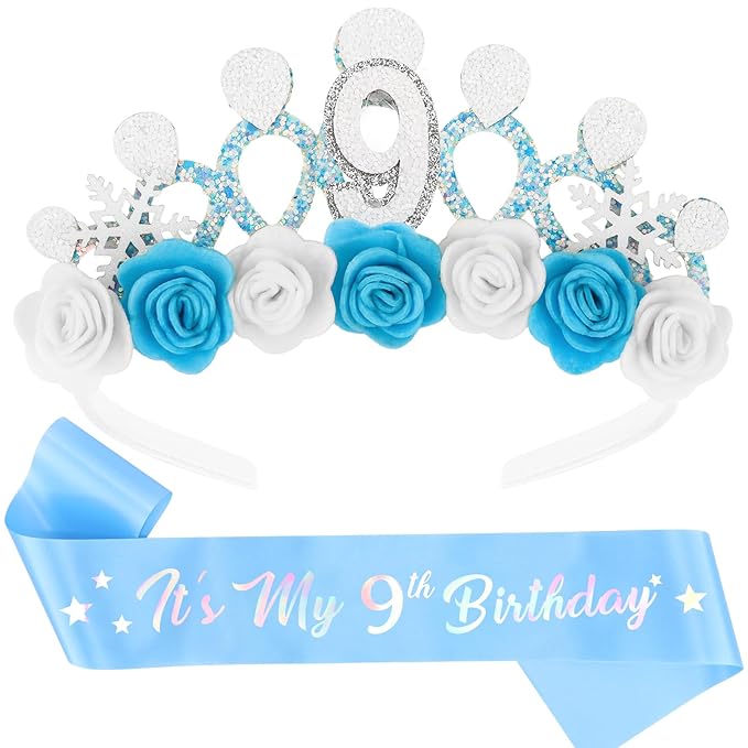 CUBACO 9th Birthday Crown Headband and Sash, 9 Year Old Girl Birthday Gifts for Blue Princess Crown, Frozen Party Decorations Favors for Girls Outfit