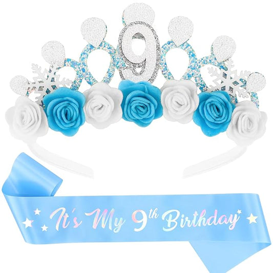 CUBACO 9th Birthday Crown Headband and Sash, 9 Year Old Girl Birthday Gifts for Blue Princess Crown, Frozen Party Decorations Favors for Girls Outfit
