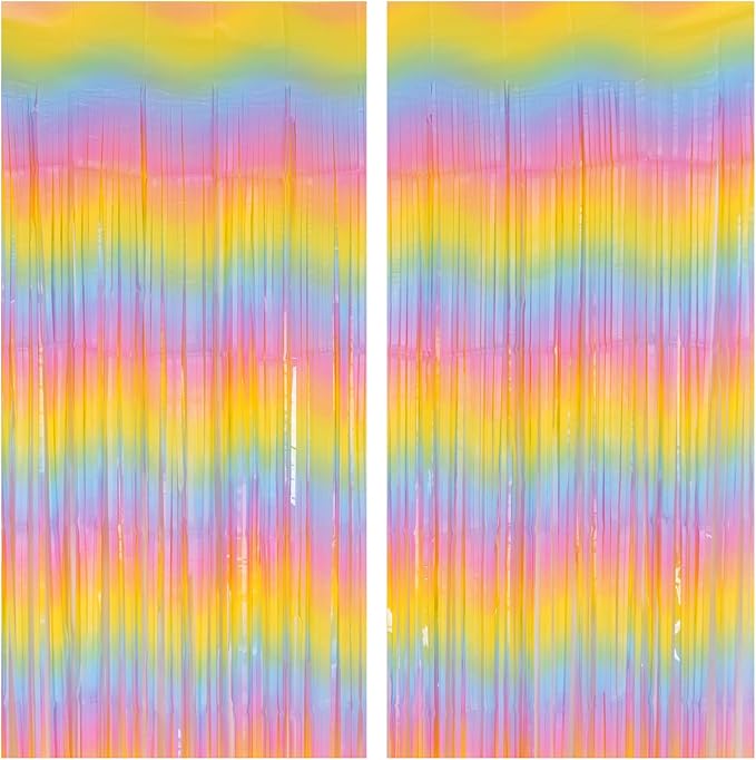 PIGETALE Pastel Rainbow Foil Fringe Curtains, 2Pcs 3.2x8.2ft Metallic Tinsel Foil Streamers Colourful Photo Booths Props Backdrop for Easter Princess Birthday Wedding Engagement Party Decorations