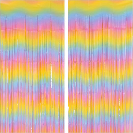 PIGETALE Pastel Rainbow Foil Fringe Curtains, 2Pcs 3.2x8.2ft Metallic Tinsel Foil Streamers Colourful Photo Booths Props Backdrop for Easter Princess Birthday Wedding Engagement Party Decorations