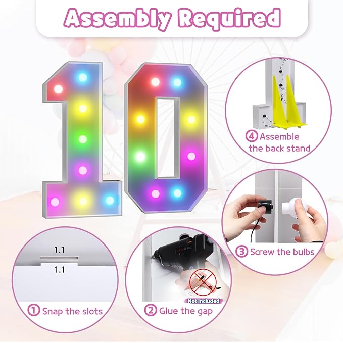 Marquee Numbers 10th Birthday Decoration: Colorful 3FT Large Light Up 10 Year Old Birthday Decorations Anniversary Backdrop Cardboard Sign 18 Colors Number 10 Mosaic Balloon Frame
