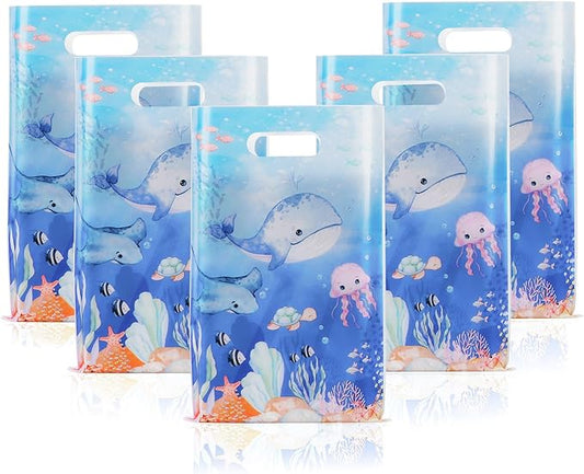 Mikzhskr 30Pcs under the Sea Party Favors Bags with Handle Blue Ocean Animals Themed Goodie Candy Snack Bag Plastic Waterproof Whale Shark Gift Pack for Kids Birthday Decoration Supplies, 9.8 x 6.5 in