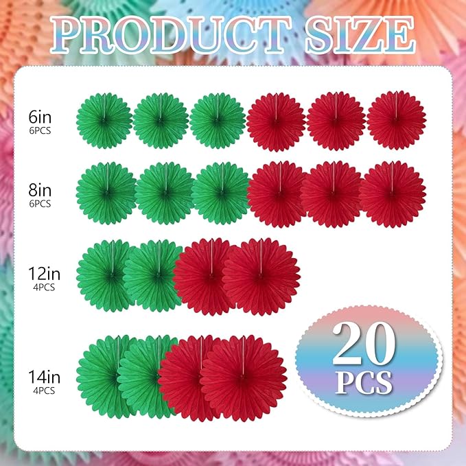 20 Pcs Red Green Hanging Paper Fan, Round Paper Fans Decorations Set for Weddings, Birthdays, Engagement, Bridal Shower, Christmas Party Supplies Decor