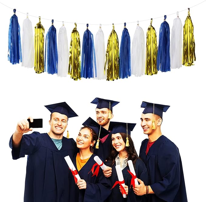 Navy-Blue White-Gold Tassel Garland Streamers- 15pcs Tissue Paper Tassels Banner Party Decorations Men Boy Birthday Graduation Bachelorette Engagement Backdrop Hanging Decor Panduola