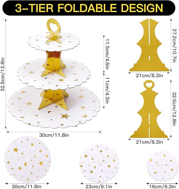Soleebee 3-Tier Cupcake Stand, Cardboard Cupcake Tower, Dessert Cup Cake Stand Tower for Birthday Wedding Party Decoration, Cupcake Tier Stand 2 Set (Gold Moon and Star)