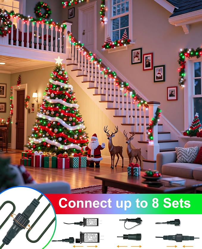 40FT 120 LED Christmas Lights Outdoor, Red White and Green Christmas String Lights Waterproof, 8 Modes & Timer, Connectable Christmas Tree Lights for Indoor House Yard Party Xmas Decorations