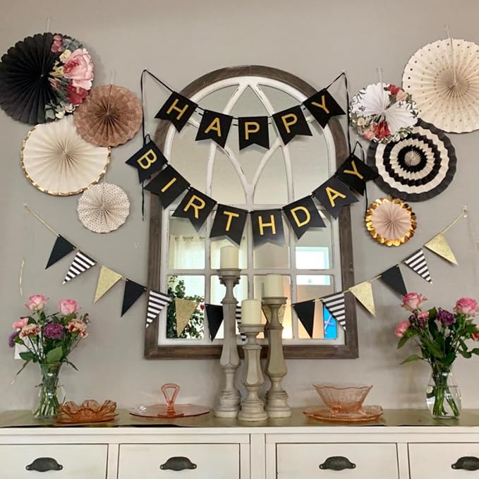 Black Gold Happy Birthday Banner Signs Party Decoration for Women Men Girls Boys