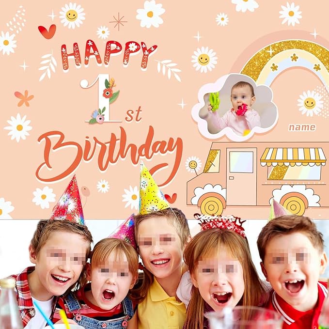 Dicodes Custom Groovy Hippie Happy Birthday Backdrop Retro Boho Girls Birthday Background Hippie Theme Daisy Floral Kids Happy Birthday Newborn Baby Party Decor Banner