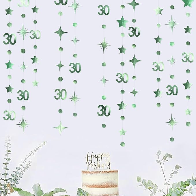 Sage Green 30th Birthday Decorations Number 30 Circle Dot Twinkle Star Garland Metallic Streamer Banner Backdrop for Womens Cheers to 30 Years Old Dirty Thirty Happy 30th Anniversary Party Supplies