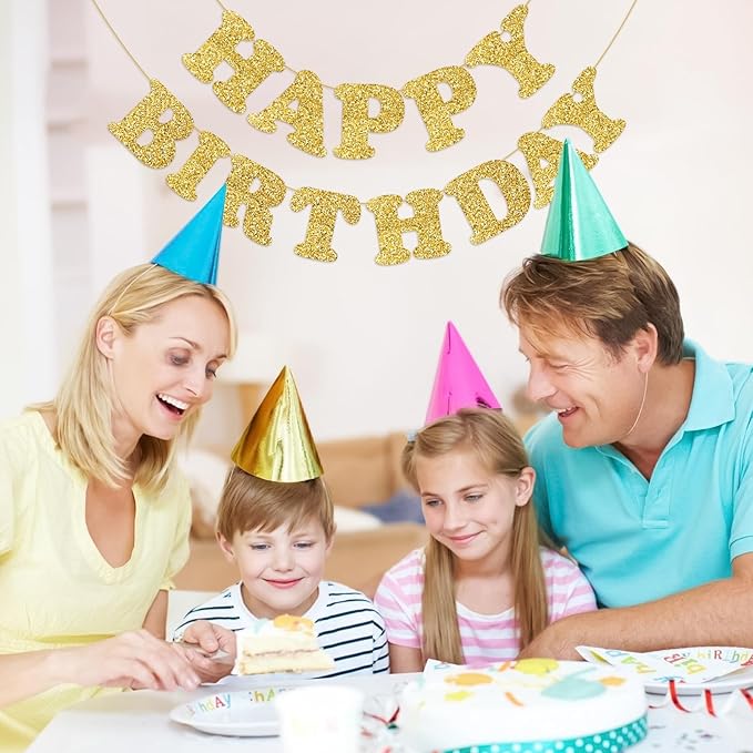 Gold Happy Birthday Banner Birthday Party Decorations Happy Birthday Banner Bunting Garland Sign for Kids Boys Girls Adults Birthday Baby Shower Celebration Party Backdrops Supplies