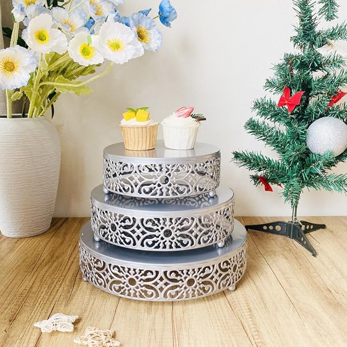 Silver Cake Stand, 3Pcs Round Metal Cake Stand Set, Dessert Cupcake Pastry Candy Display Plate 8" 10" 12" for Wedding, Event, Birthday Party (Silver Cake Stands / 3 Pcs)
